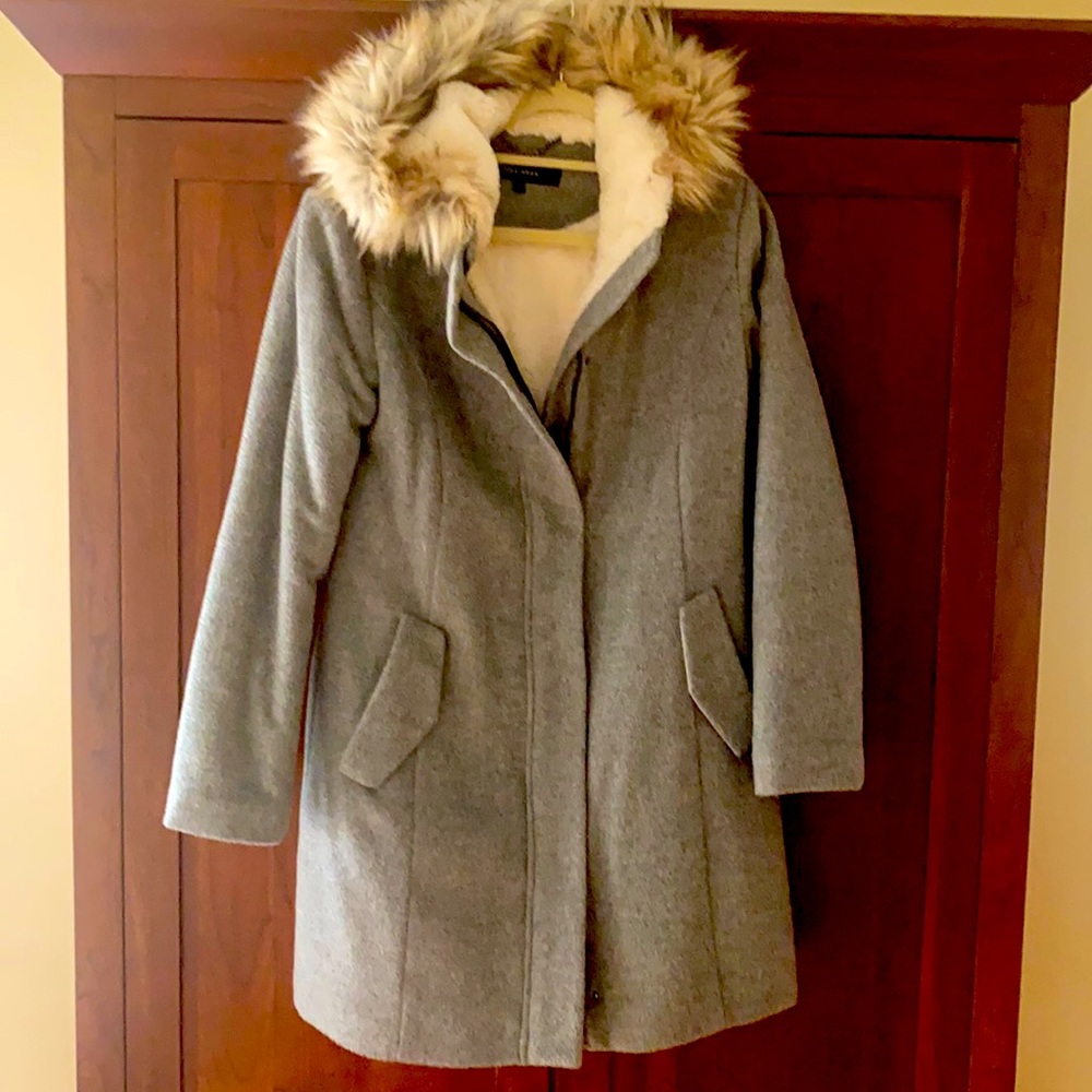 Cole Haan Gray Wool Coat with Faux Fur Lining